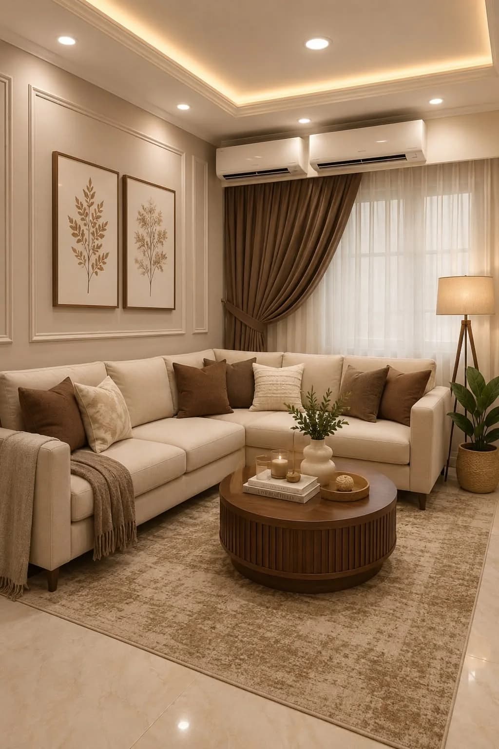 Beige living room with panelled walls, a chocolate brown curtain gathered over a white sheer, a cream sectional with brown cushions and a round fluted wood coffee table