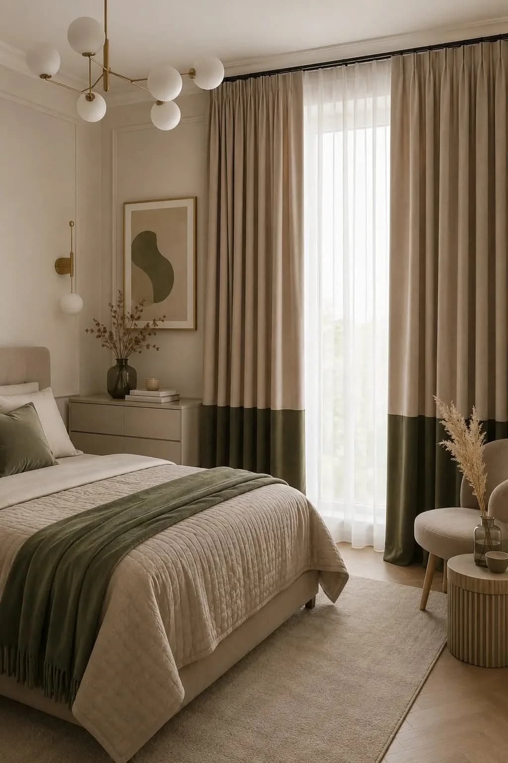 Bedroom with beige curtains with a wide olive green band at the hem over white sheers, an olive throw on cream bedding and a small abstract print