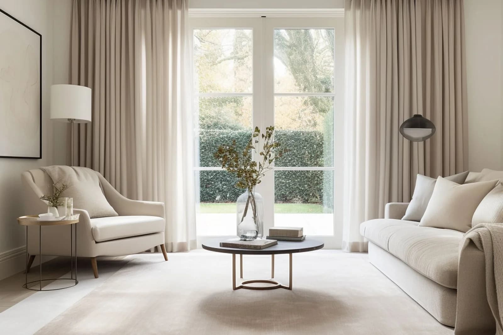 Light beige living room with full-length taupe linen curtains on both sides of tall glass doors, a cream sofa and armchair, a round coffee table and a pale rug