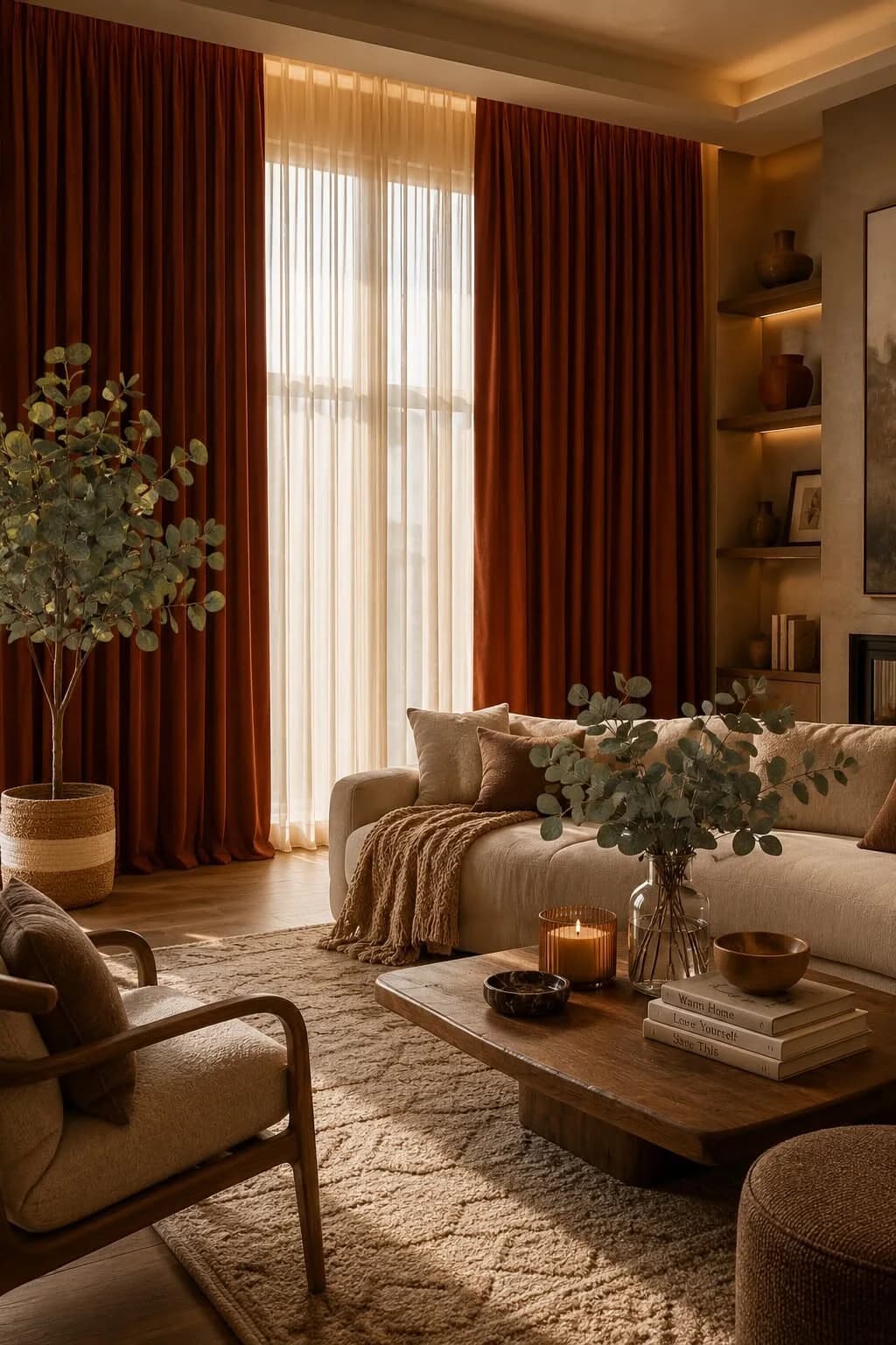 Cozy beige living room with deep rust velvet curtains over white sheers, a cream sofa, a wooden coffee table with candles and a eucalyptus tree in a basket