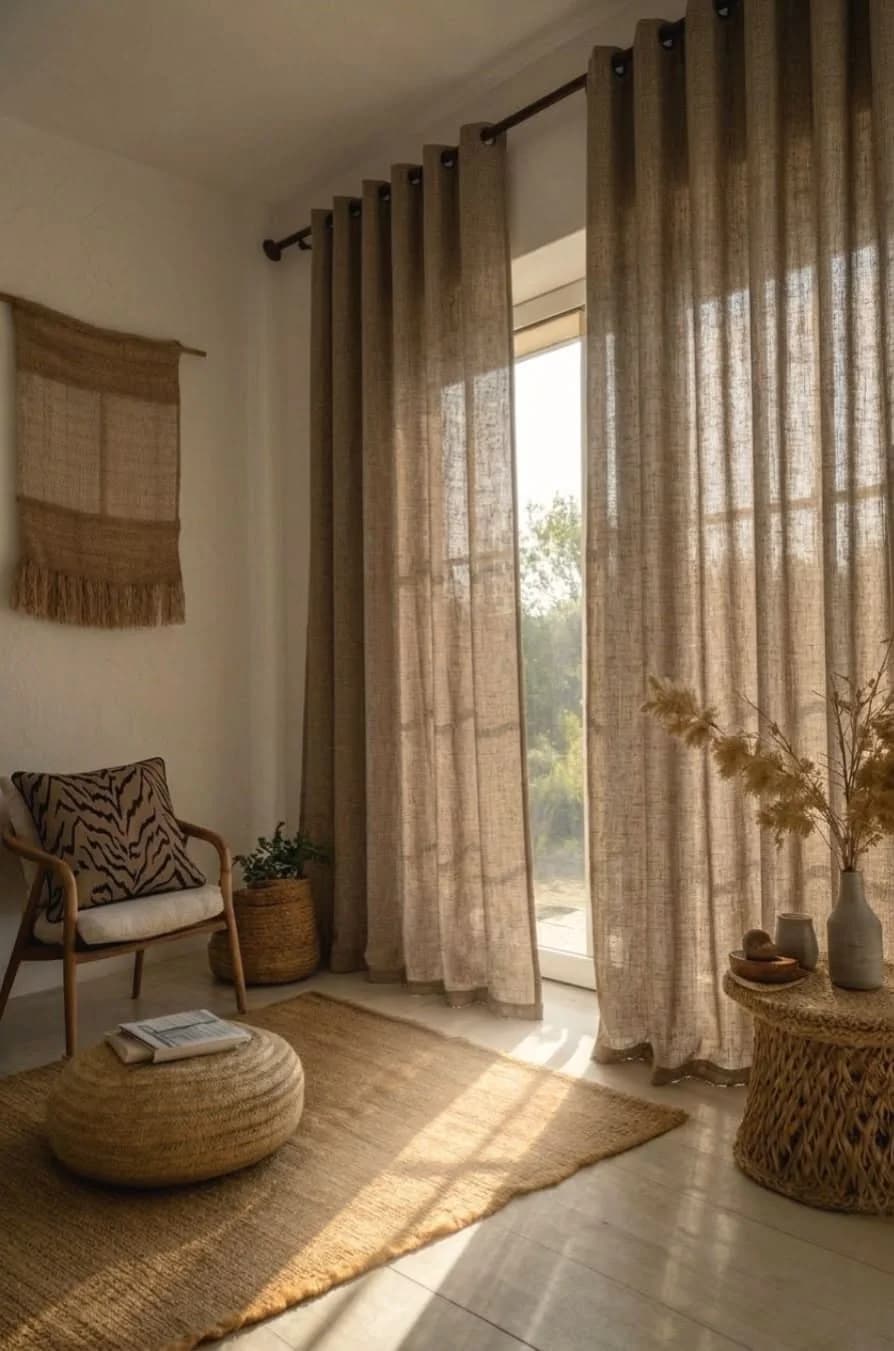 Beige room with loosely woven natural linen curtains on a black rod glowing in the sun, a woven wall hanging, a jute rug, a pouf and a rattan side table