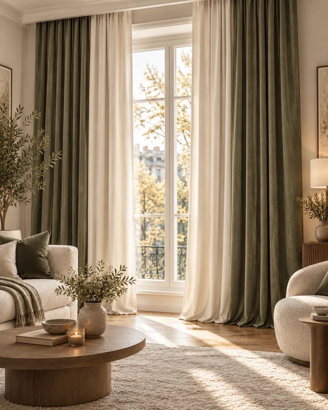 Tall window dressed with dark olive velvet curtains and cream linen panels, a boucle armchair, a cream sofa and an olive tree in a beige room