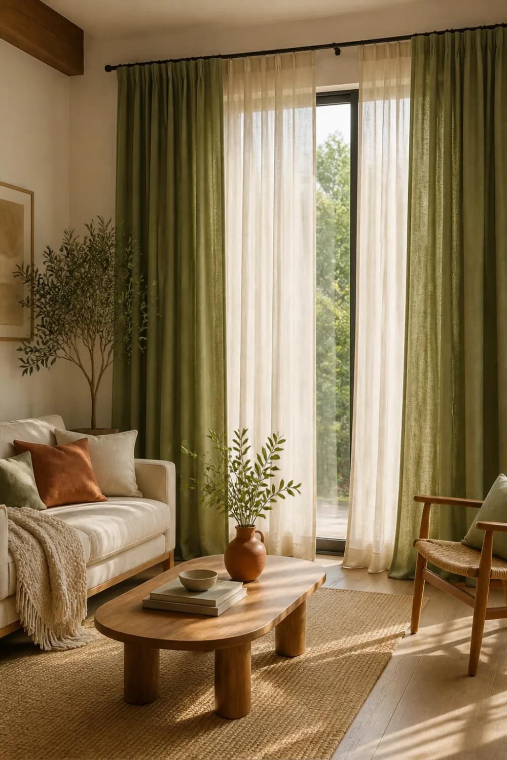 Beige living room with olive green linen curtains over white sheers at tall windows, a cream sofa with terracotta and green cushions, an olive tree and a wooden coffee table