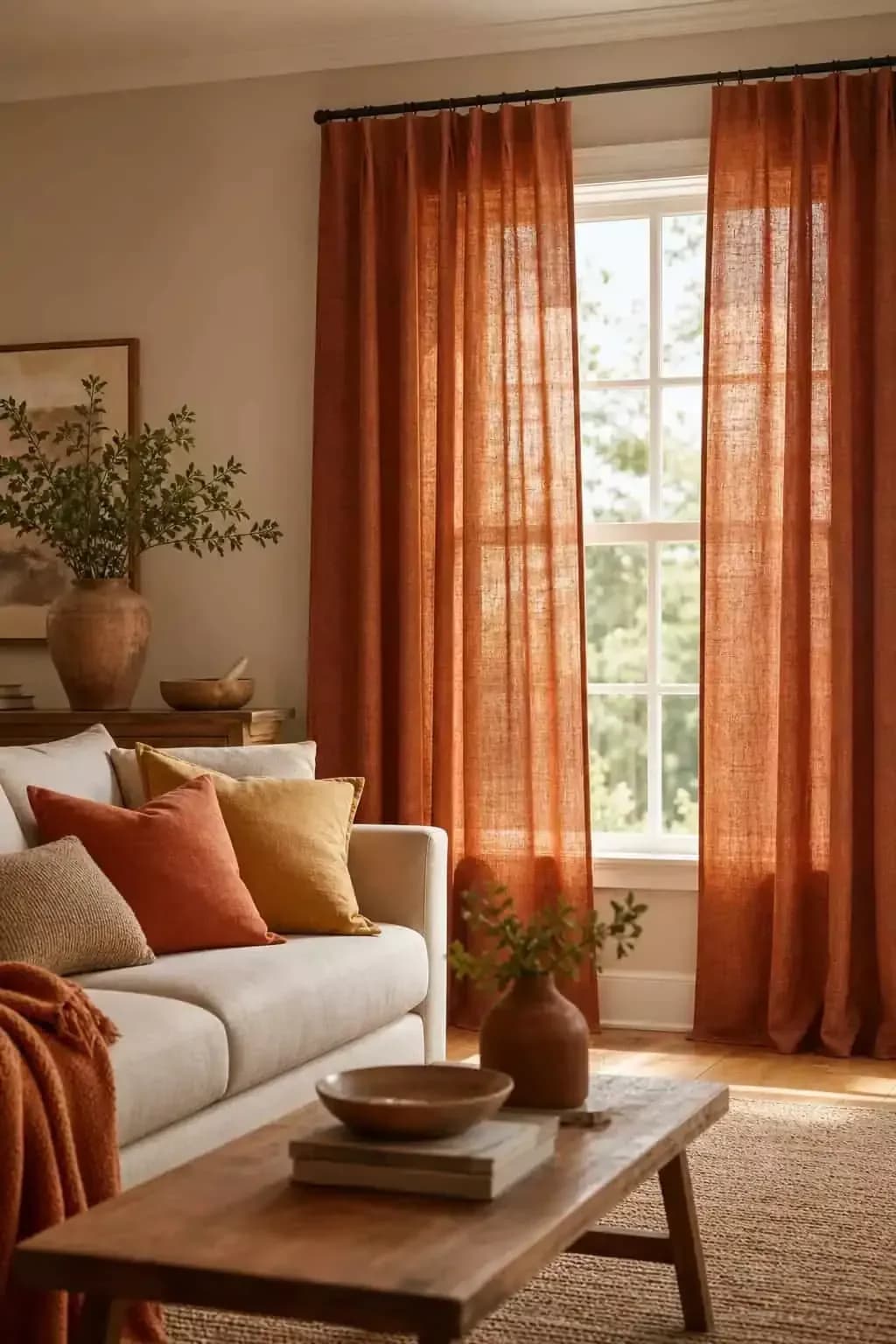 Beige living room with rust orange linen curtains at a sunny window, a cream sofa with rust and mustard cushions, a rust throw and a wooden coffee table