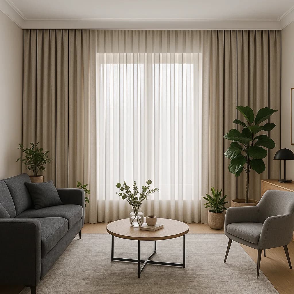 Living room with tall taupe curtains over white sheers across a wide window, a charcoal sofa, a grey armchair, a round coffee table and a fiddle-leaf fig