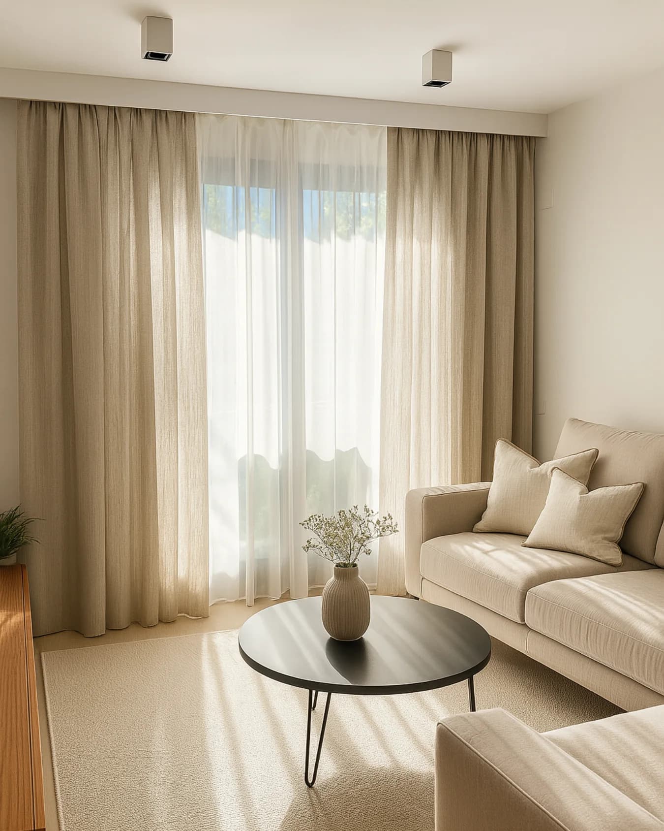 Beige living room with flax-colored linen curtains drawn back from white sheers at a sunny window, a cream sofa and a black round coffee table