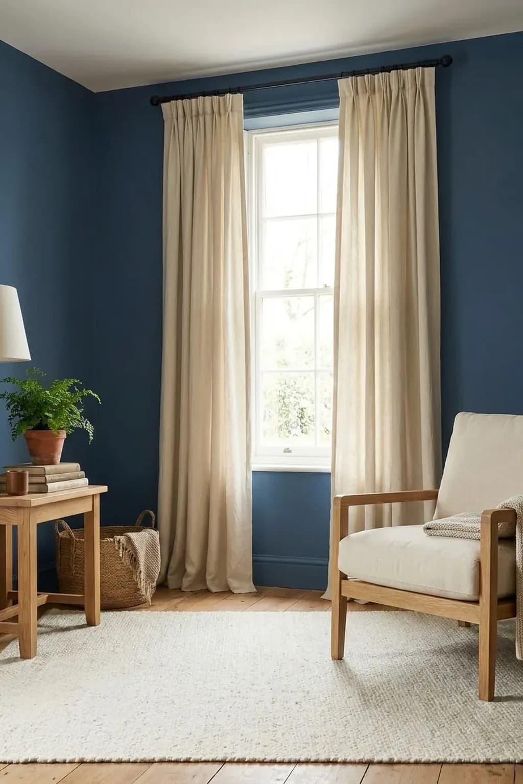 Living room with deep denim blue walls and natural undyed linen curtains to the floor on a black rod, an oak-framed armchair with cream cushions, a small wooden table with a fern in a terracotta pot