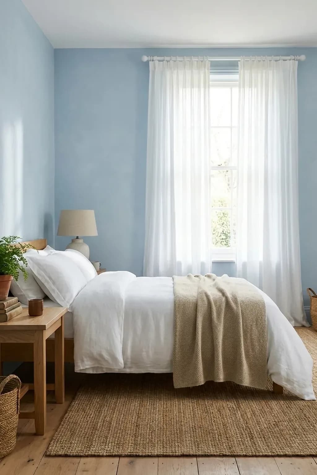 Bright bedroom with pale powder blue walls and white sheer curtains to the floor on a white rod, a bed with white bedding and a sand-colored throw, a light wood bedside table