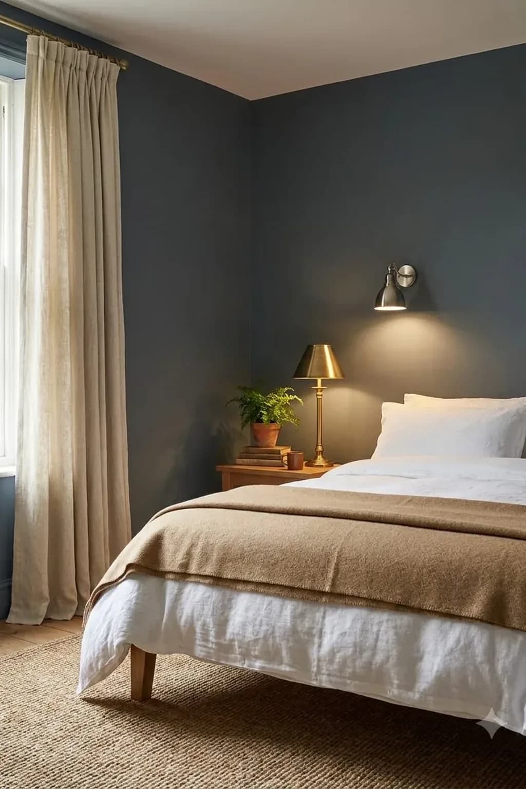 Bedroom with grey-blue slate walls and heavy oatmeal curtains hung high, a bed with white bedding and a camel wool blanket, a brushed nickel wall light, warm lamp light