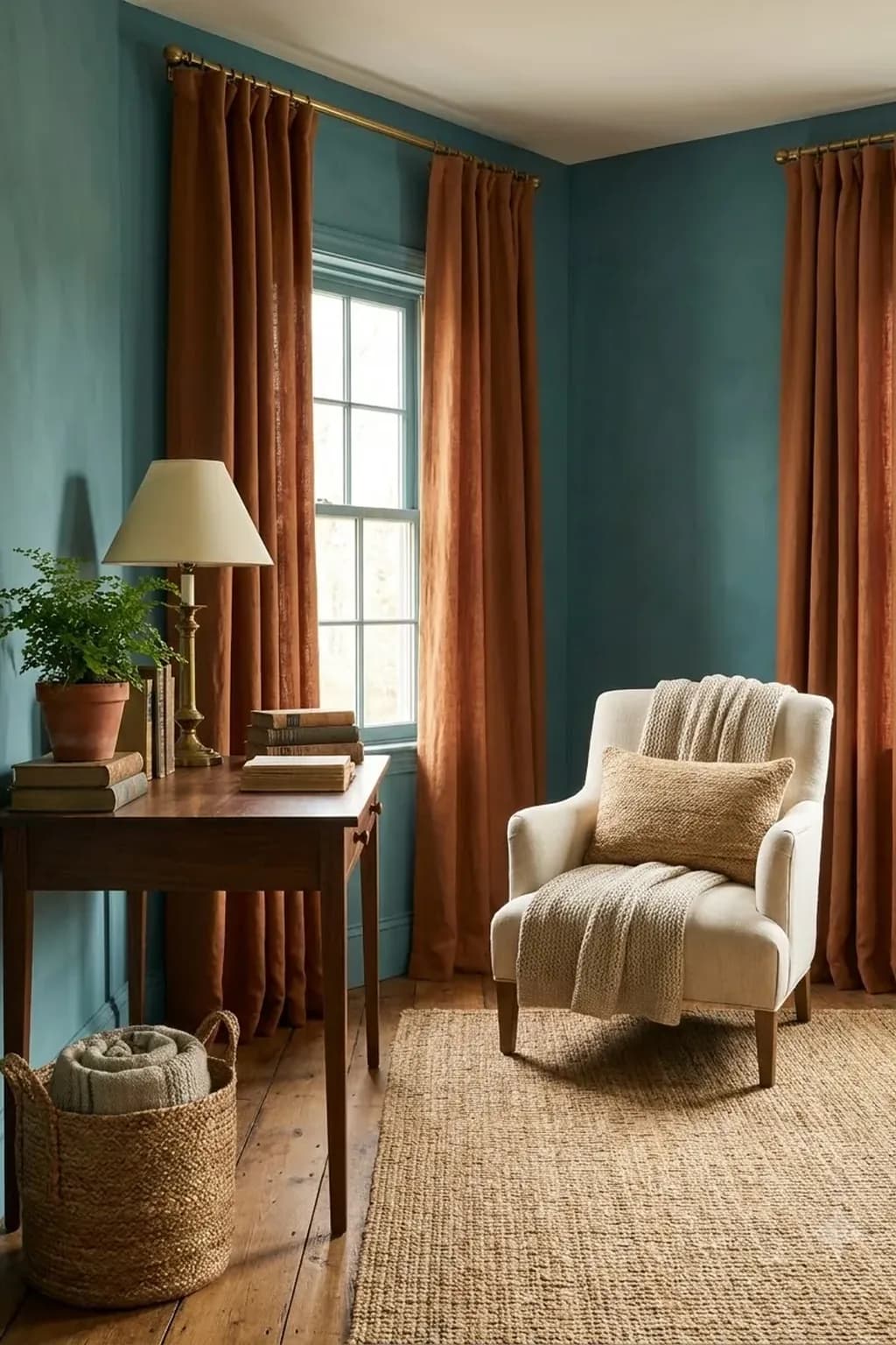 Study corner with teal blue-green walls and rust linen curtains on a brass rod, a walnut desk with a brass lamp, a cream chair and a plant