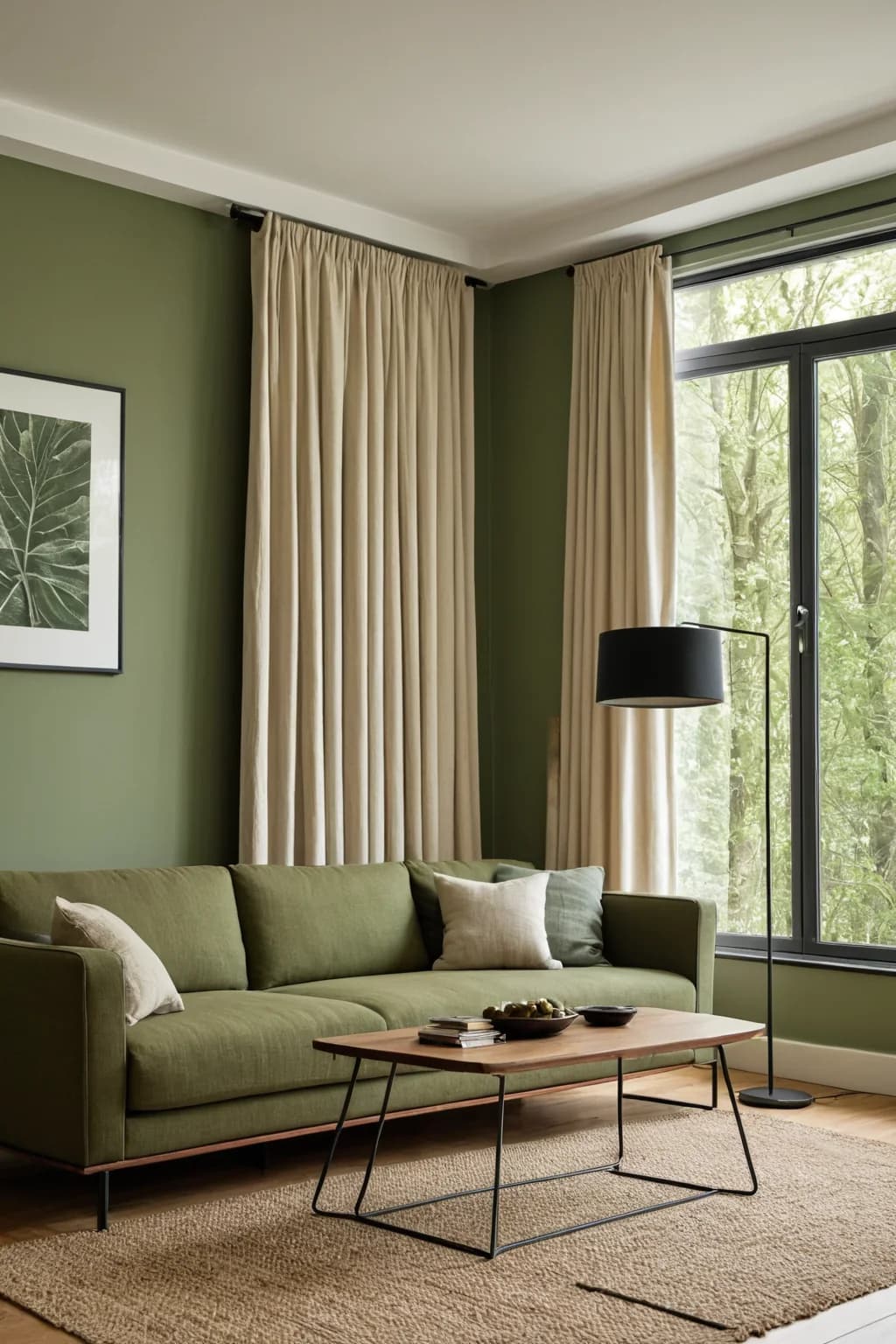 Living room with olive green walls, beige curtains at a black-framed window, an olive green sofa, a black floor lamp and a jute rug