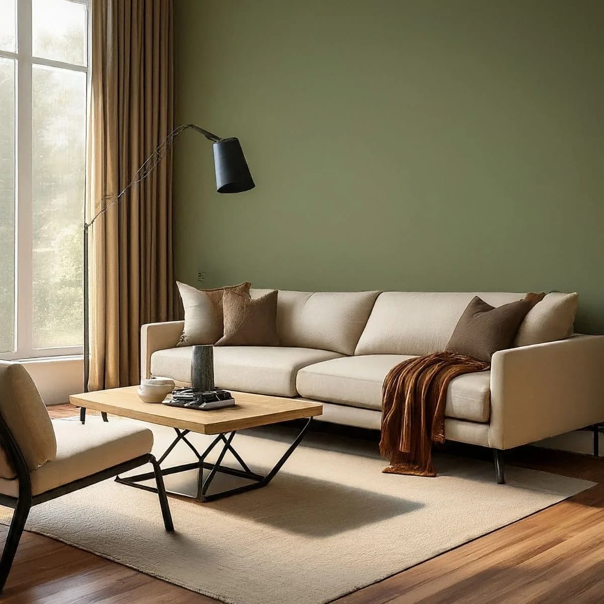 Living room with an olive green wall, long brown curtains at a tall window, a cream sofa with brown cushions and a rust throw, and a wood and metal coffee table