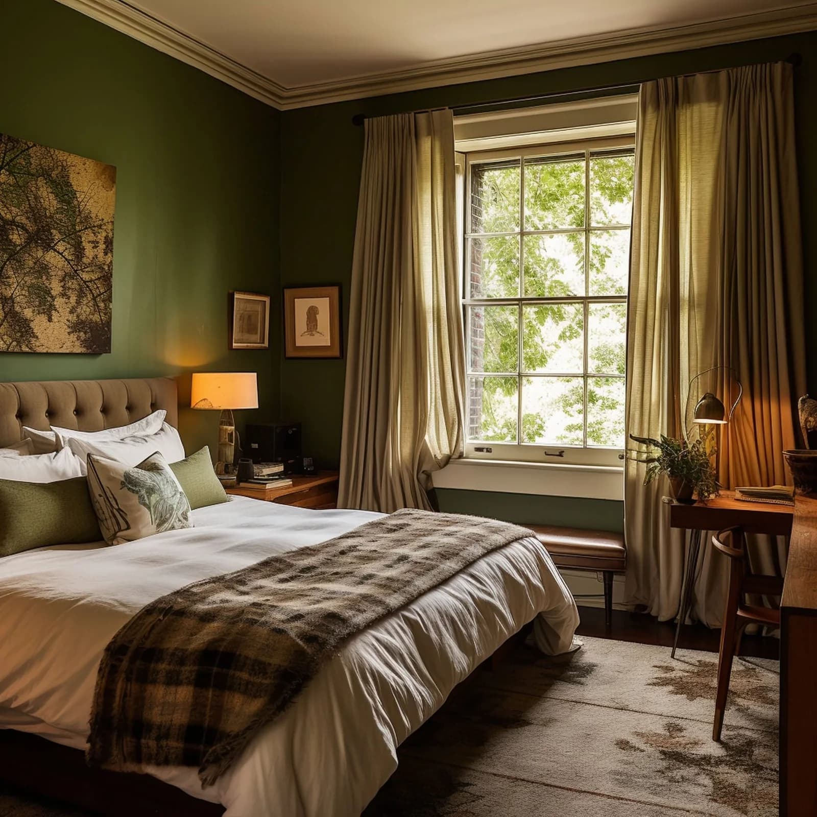 Bedroom with olive green walls and cream linen curtains at a sash window, a tufted headboard, white bedding with a brown plaid blanket and a small desk