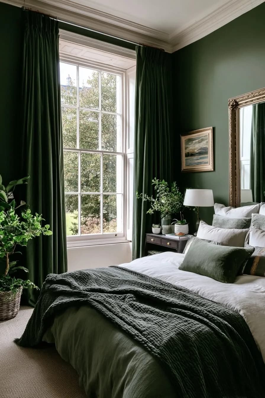 Bedroom with deep green walls and matching dark green curtains at a tall sash window, white bedding with a green knitted throw, a gilt mirror and plants