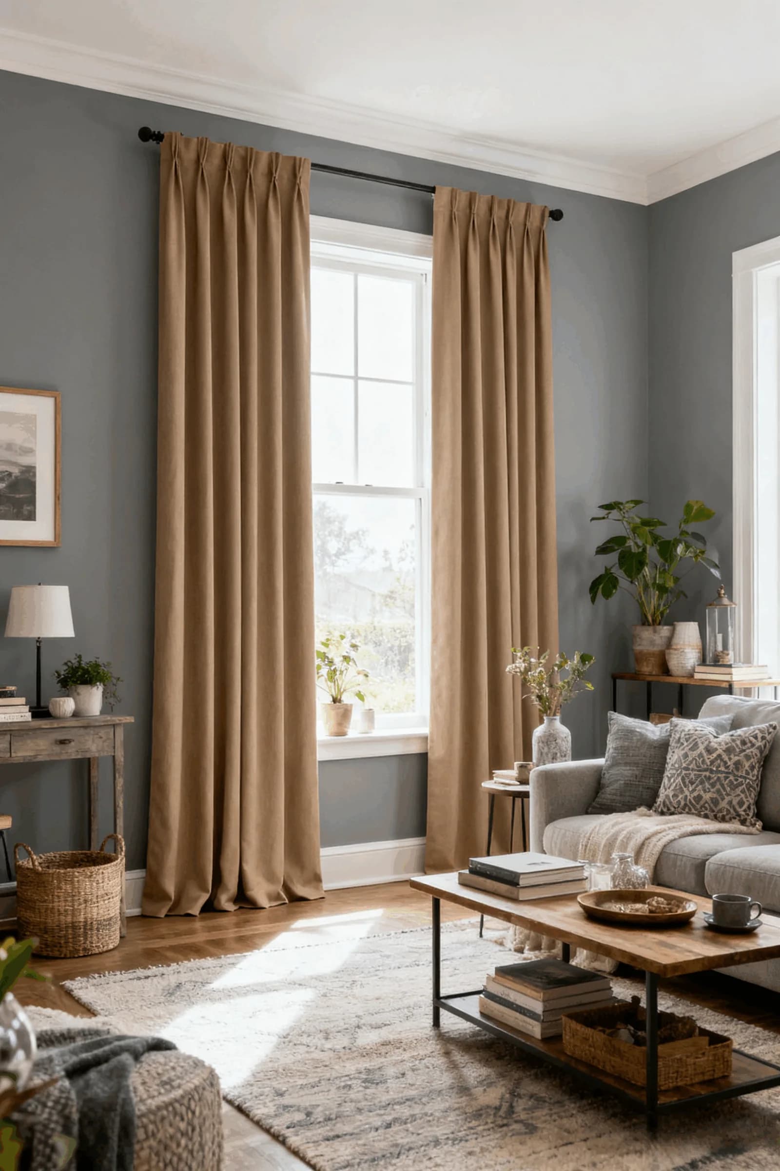 Blue-grey living room with pleated camel curtains on a black rod, a grey sofa, a wooden coffee table with books and a pale patterned rug