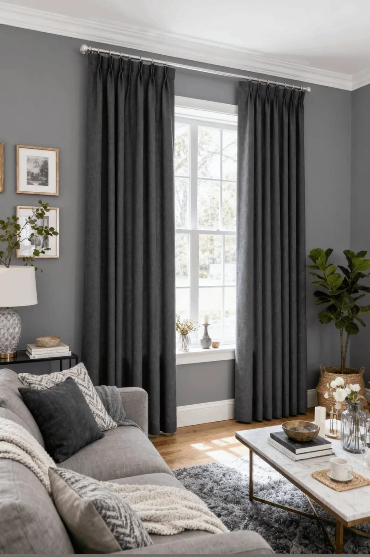 Mid-grey living room with pleated charcoal curtains, a grey sofa with knitted throws, a marble coffee table and a fiddle-leaf fig