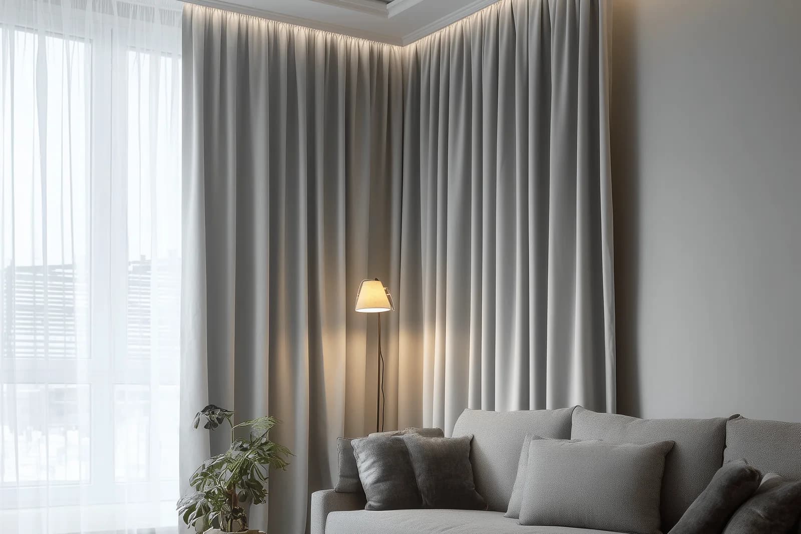 Grey living room corner with full-height pale grey curtains over white sheers, a floor lamp, a grey sofa with grey cushions and a plant