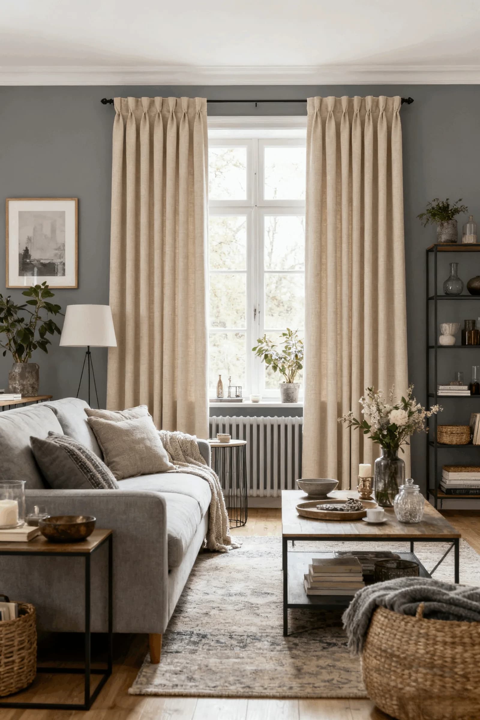 Blue-grey living room with pleated linen beige curtains, a grey sofa, a wood and metal coffee table and woven baskets