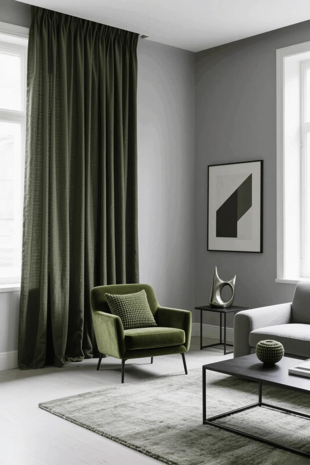 Light grey room with a floor-length olive green curtain, a green velvet armchair, a black metal coffee table and a grey-green rug