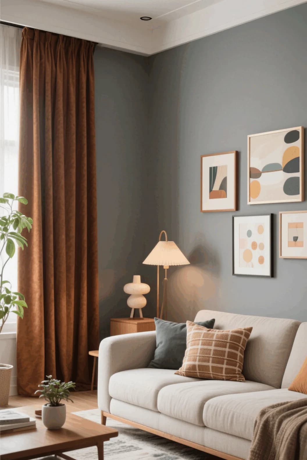 Grey wall with a floor-length rust curtain, a cream sofa with rust and grey cushions, a pleated floor lamp and abstract prints in peach and grey