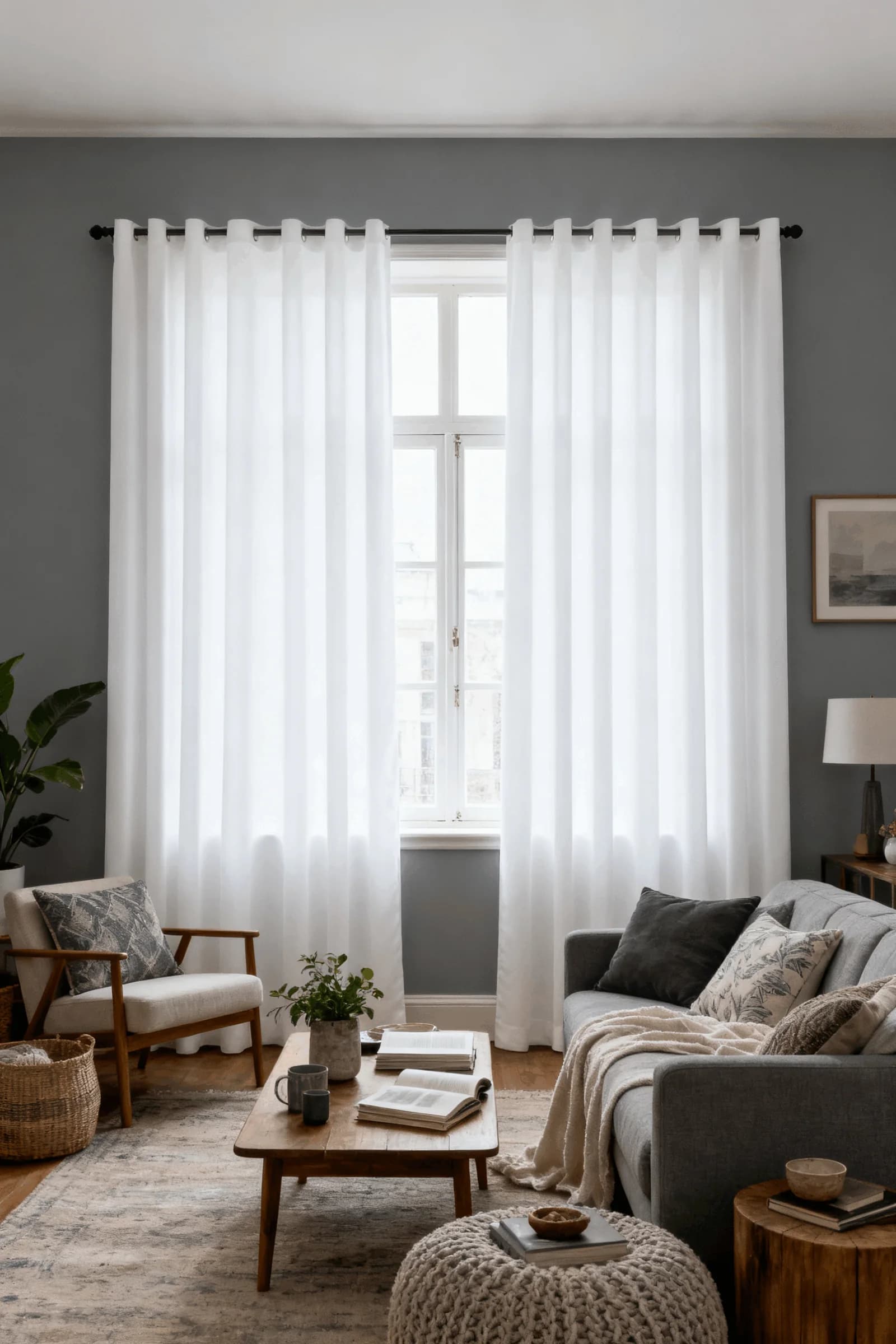 Mid-grey living room with white sheer curtains on a black rod, a grey sofa with patterned cushions, a wooden coffee table and a knitted pouf