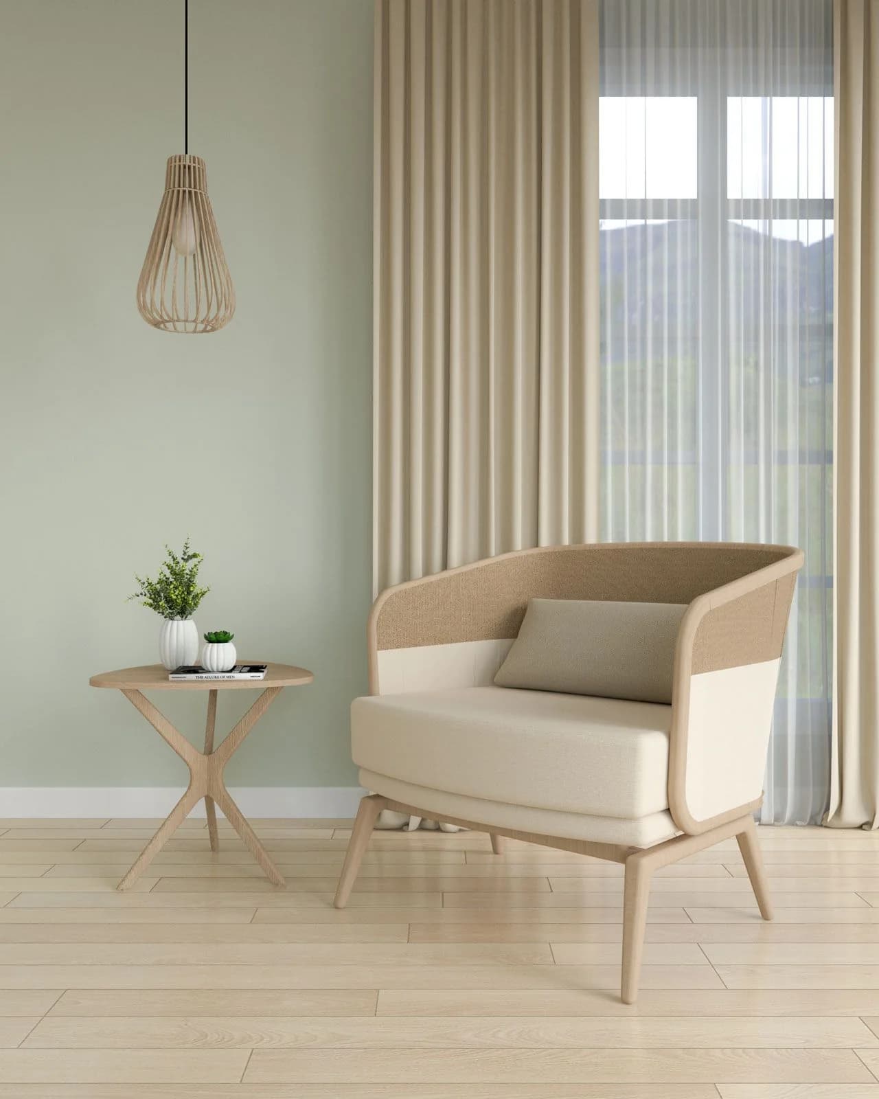Pale sage green wall with cream pleated curtains and a white sheer at a tall window, a cream and cane armchair, a small wooden side table and a wooden pendant light