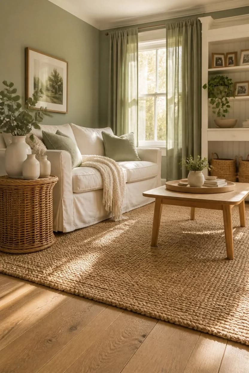 Living room with sage green walls and sheer olive green curtains, a white slipcovered sofa, a wicker side table and a large jute rug on a wood floor