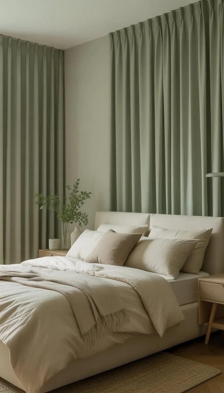 Bedroom with full-height sage green pleated curtains against a lighter sage wall and a bed with cream and oatmeal bedding