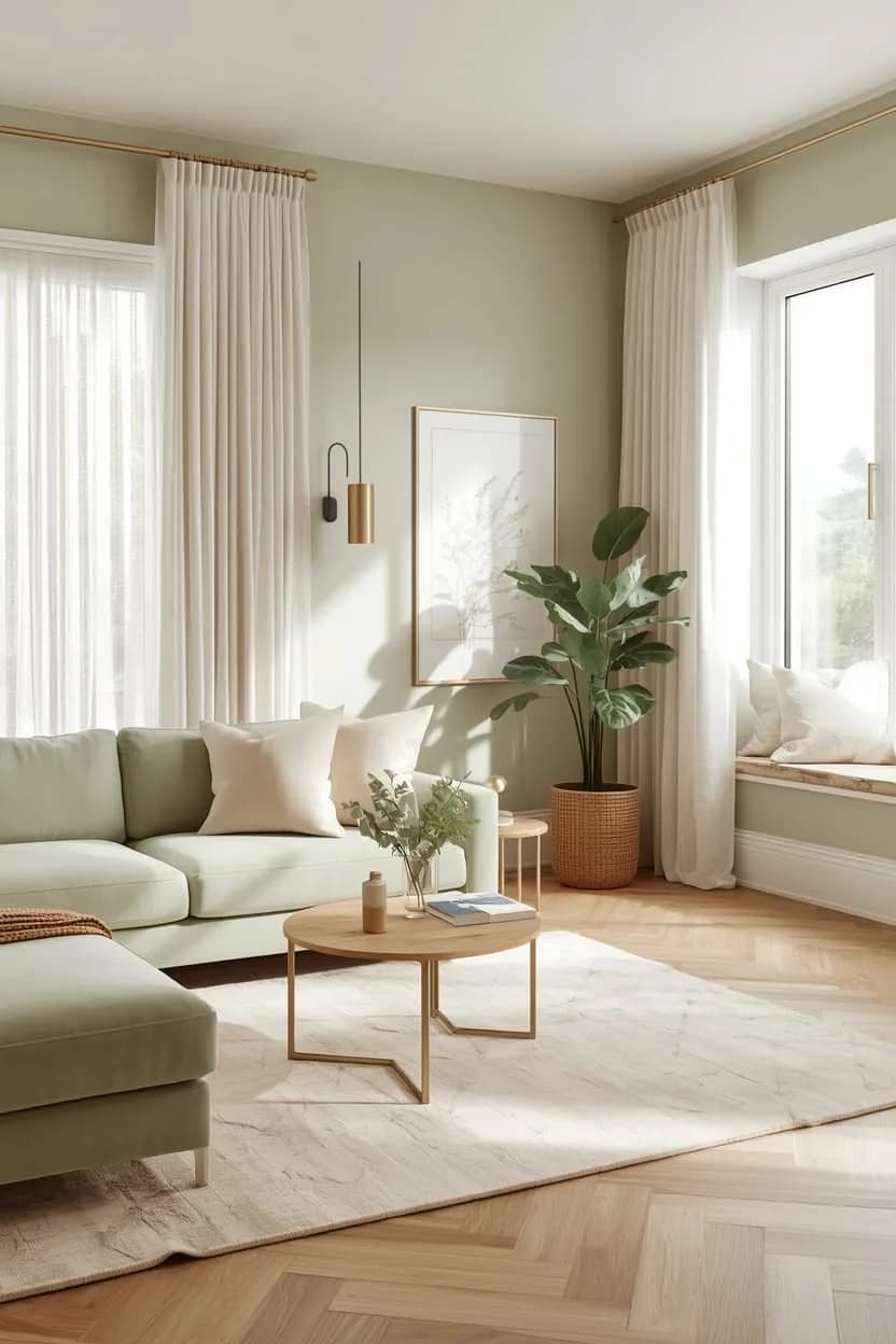 Living room with sage green walls, long white curtains on brass rods, a pale sage sofa, a round wood coffee table and a herringbone floor