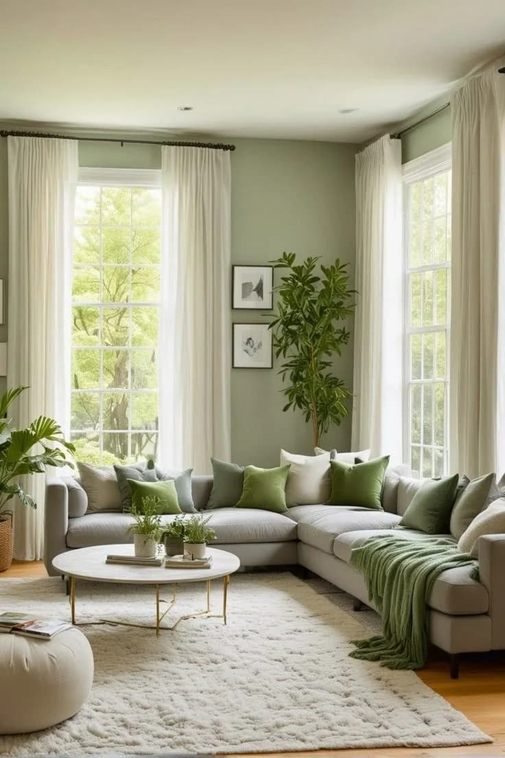 Corner living room with sage green walls, white sheer curtains at two tall windows, a grey sectional with green cushions and a cream shag rug