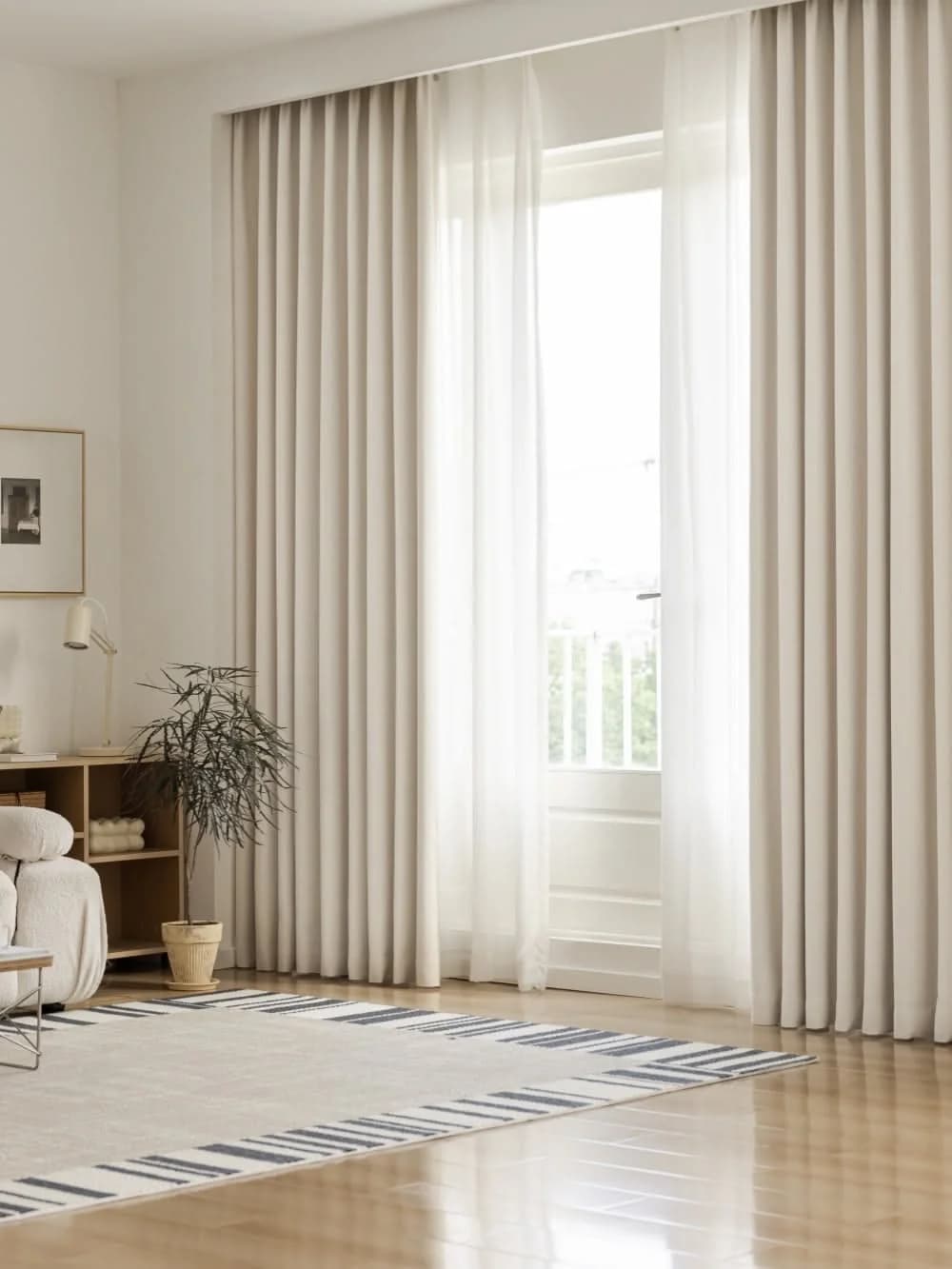 White living room corner with pleated beige curtains over white sheers at a balcony door, a striped rug and a low shelf with a plant