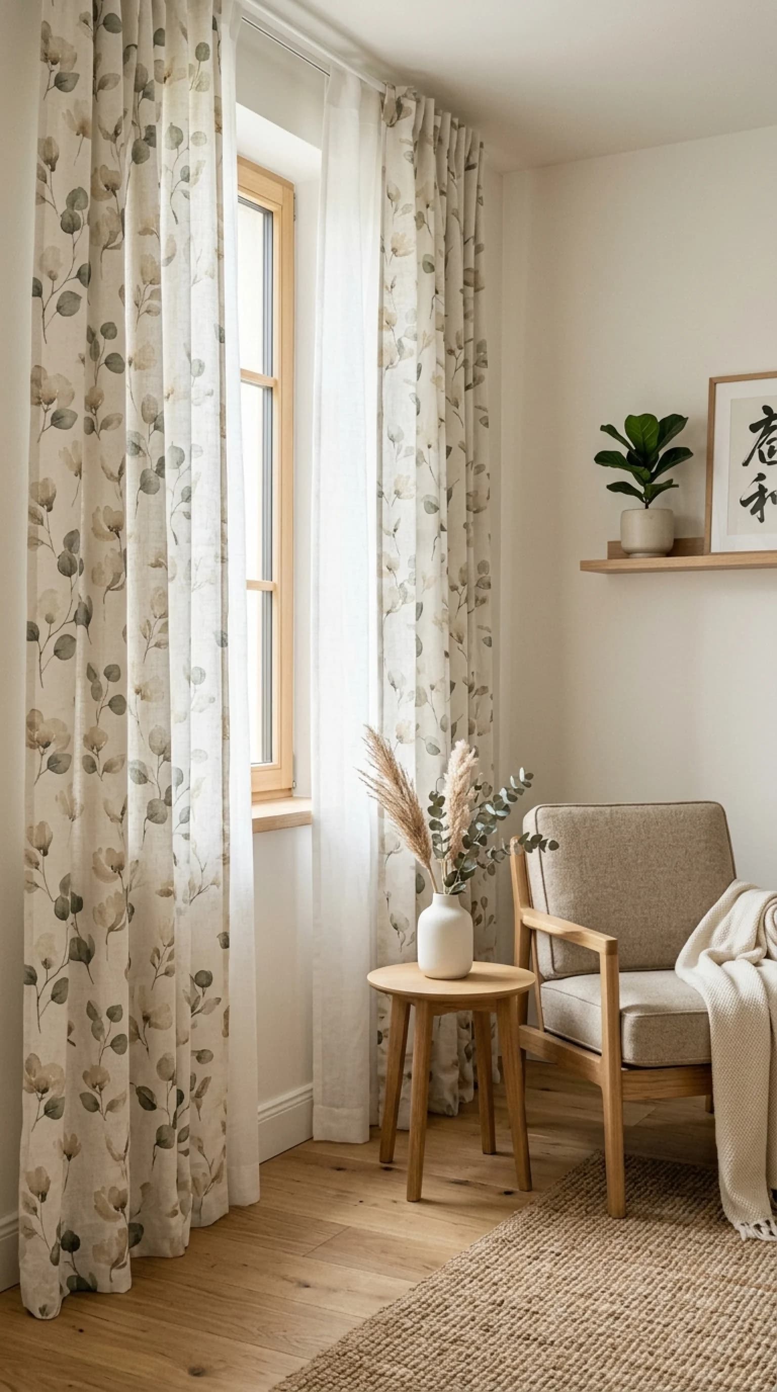 White room with full-length curtains printed with soft green and beige leaves over a white sheer, a wooden armchair with a cream throw and a jute rug