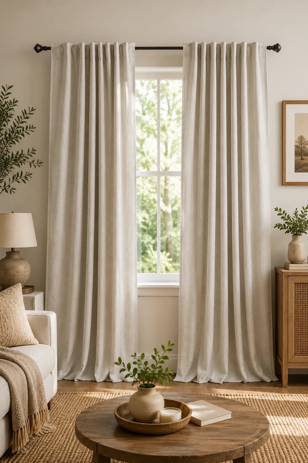 Warm white room with oatmeal linen curtains on a black rod, a cane cabinet, a round wooden coffee table and a jute rug