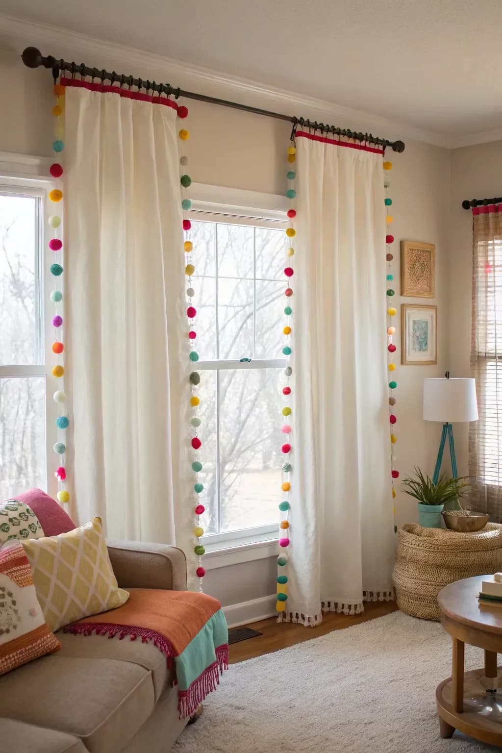 Cream curtains with multicolored pom-pom trim along the edges and a red band at the top, on a dark rod, with a sofa and bright cushions in front