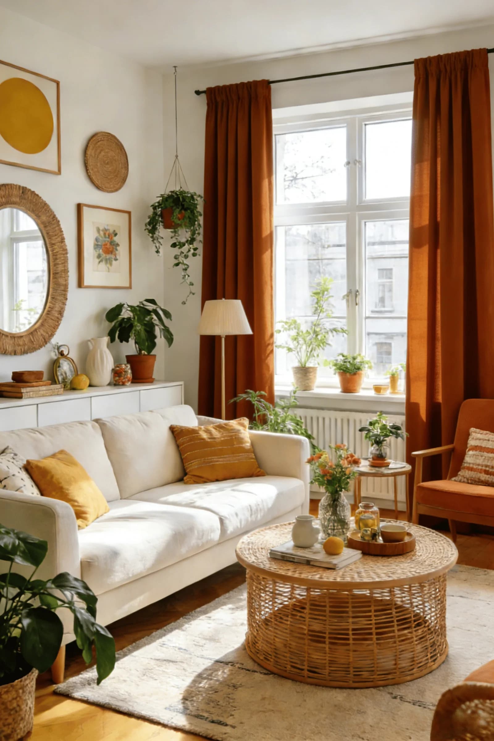 White living room with rust curtains on a black rod, a cream sofa with mustard cushions, a rattan coffee table, a round woven mirror and plants