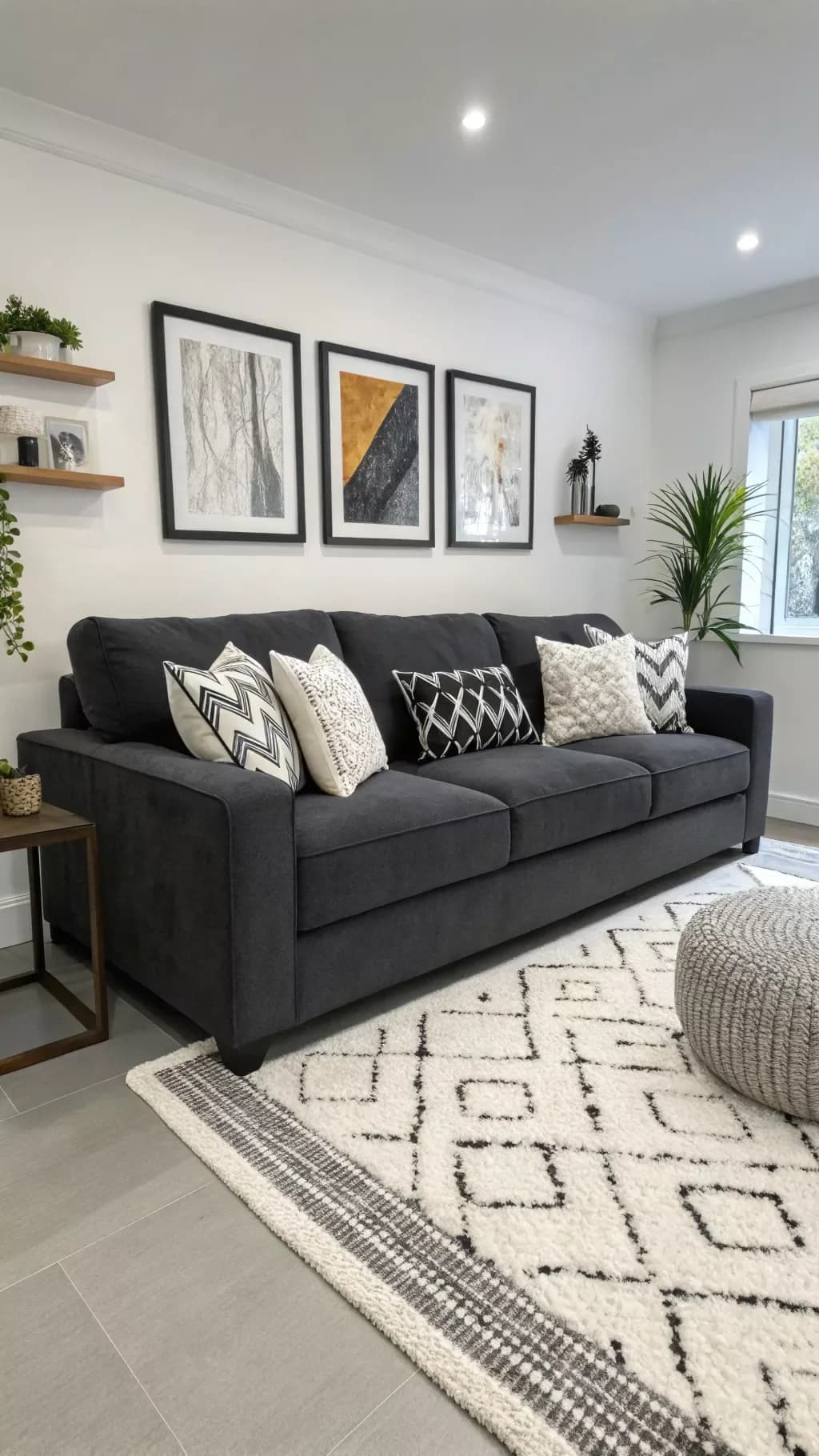 Dark grey sofa with black and white patterned cushions on a white rug with a black diamond pattern, a knitted pouf and framed prints above