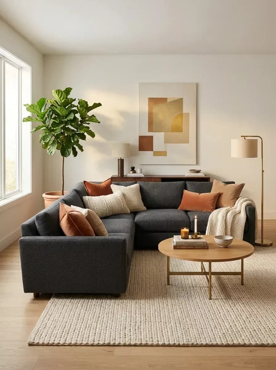 Charcoal corner sofa with rust and cream cushions on a cream looped wool rug, a round wooden coffee table, a fiddle-leaf fig and an abstract print