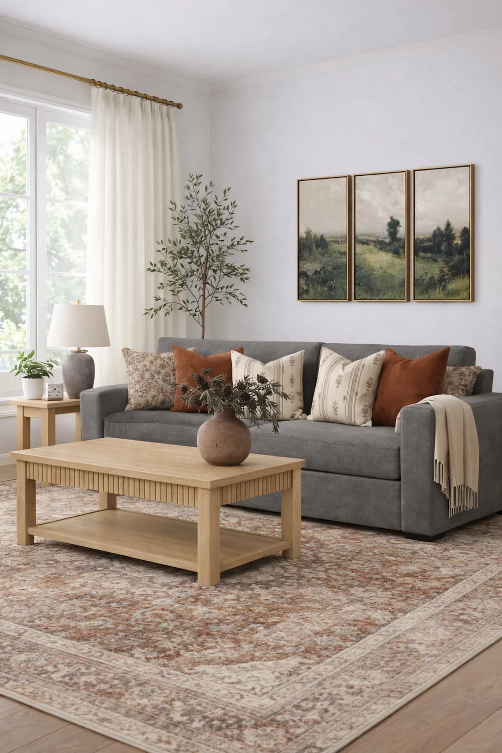 Grey sofa with rust and cream cushions on a faded traditional rug in terracotta and beige, a pale wood coffee table and landscape prints above