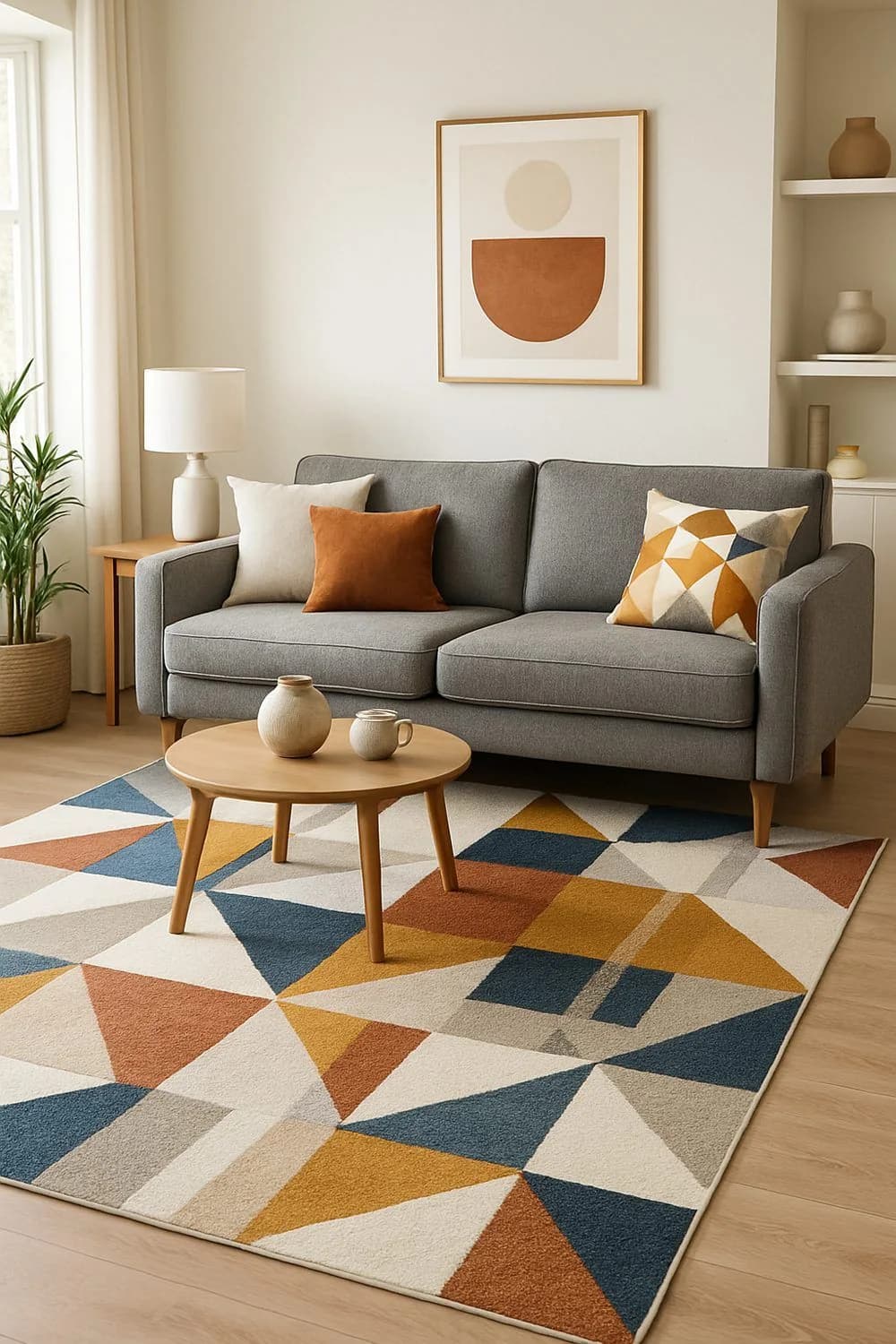 Mid-grey two-seat sofa with rust and patterned cushions on a geometric rug in navy, mustard, terracotta and cream, with a round wooden coffee table