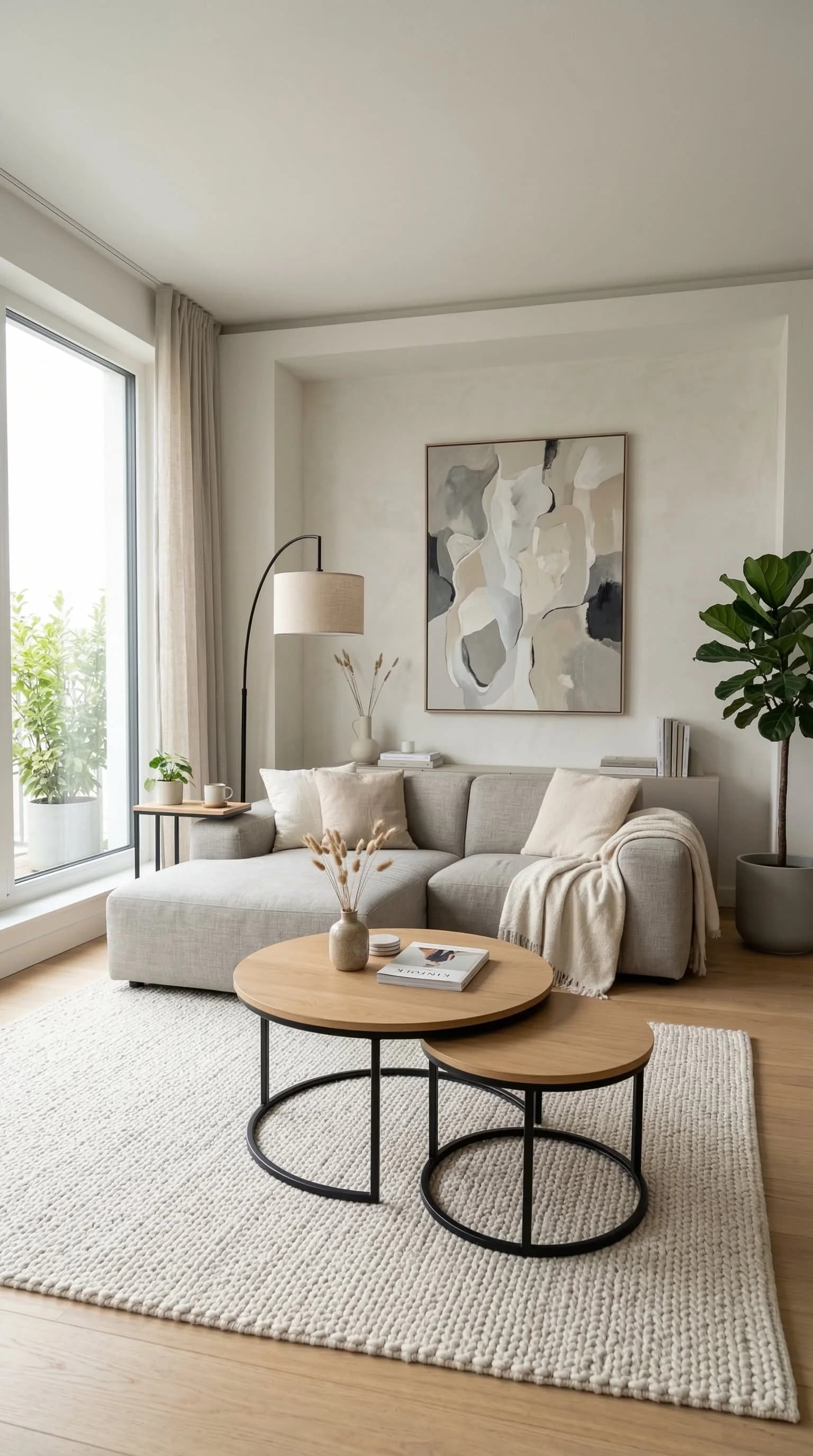 Pale grey chaise sofa with a cream throw on a chunky ivory textured rug, two round nesting tables with black frames and an abstract painting above