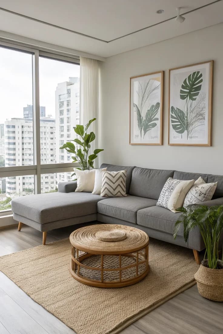 Light grey sectional with patterned cushions on a natural jute rug, a round rattan coffee table and botanical prints on the wall