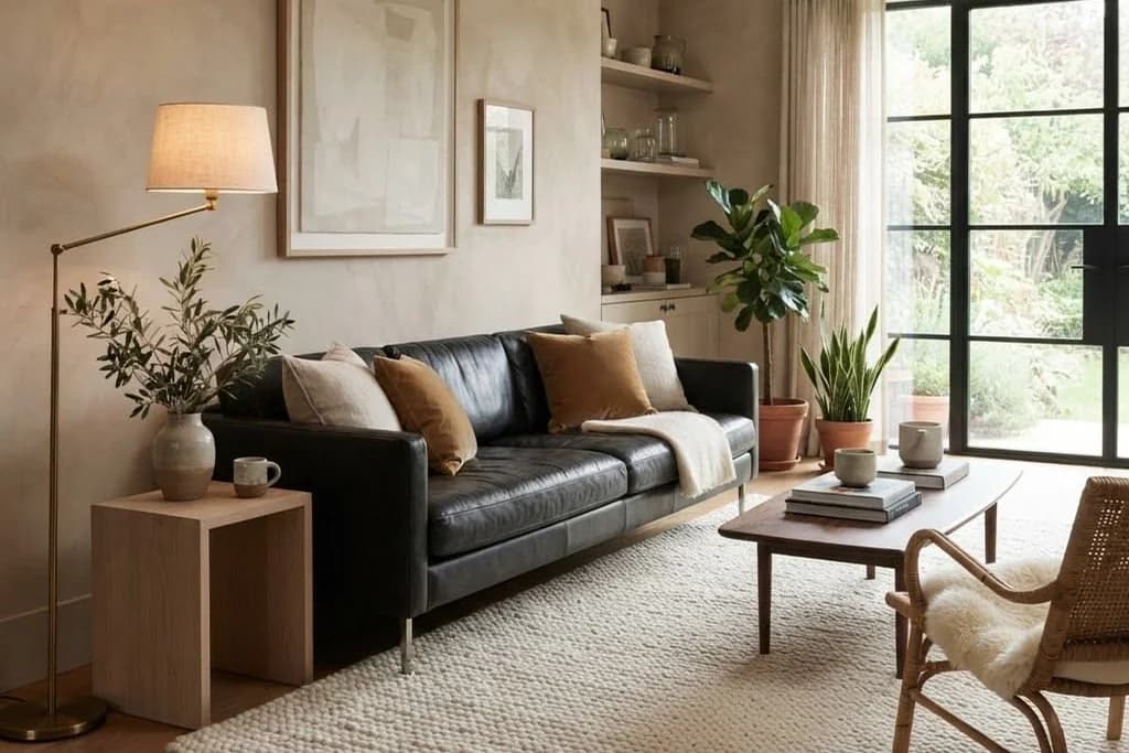 Black leather sofa with tan and cream cushions on a cream textured rug, a low wooden coffee table, a rattan chair, plants and black-framed glass doors