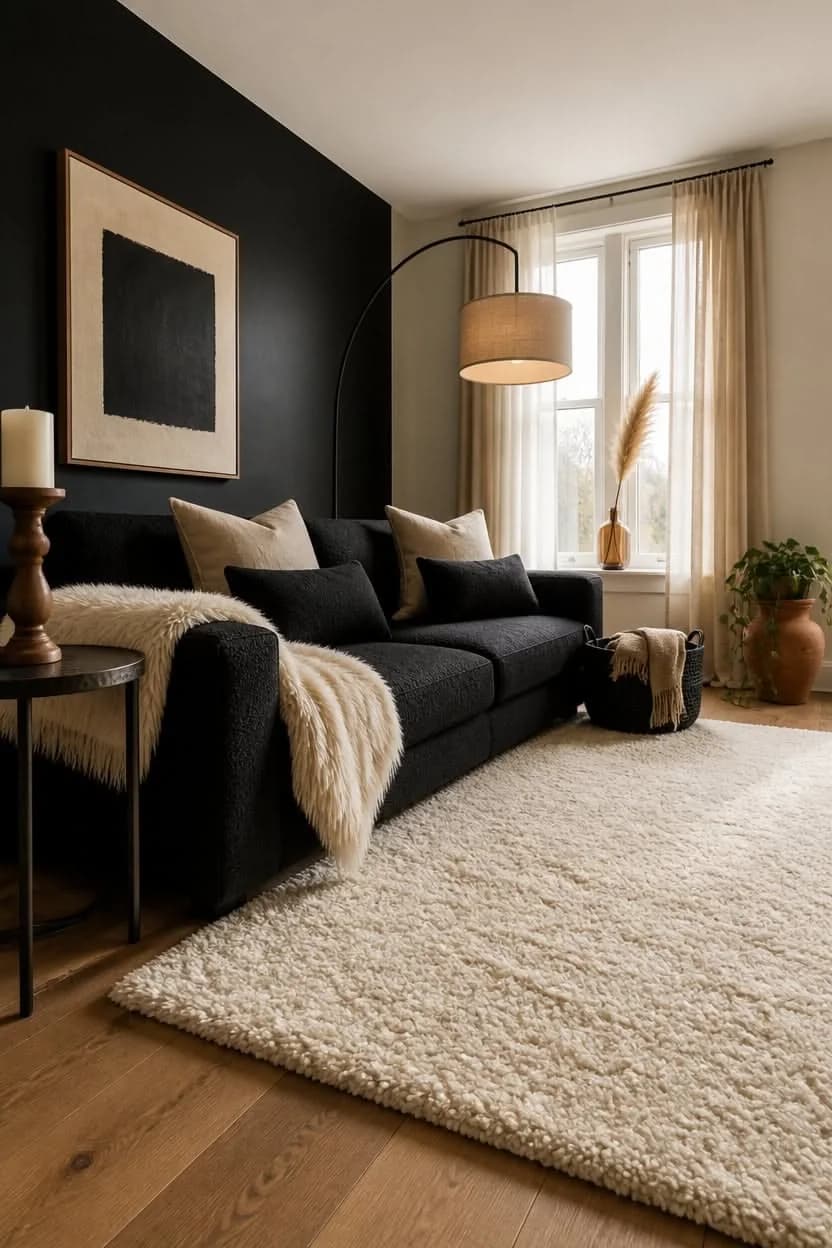 Black bouclé sofa against a black wall with cream cushions and a cream faux-fur throw, a deep cream shag rug, linen curtains and an arched floor lamp