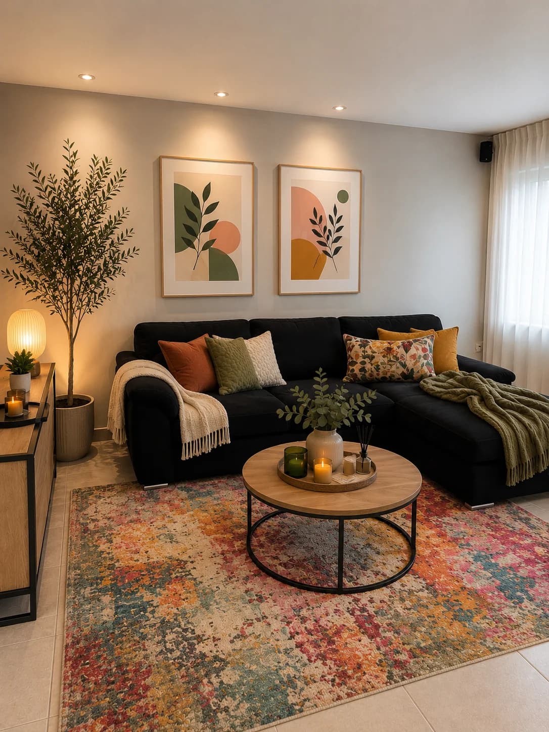 Black sectional with rust, olive and mustard cushions on a distressed multicolor rug in coral, teal and cream, with a round wood and metal coffee table and two botanical prints