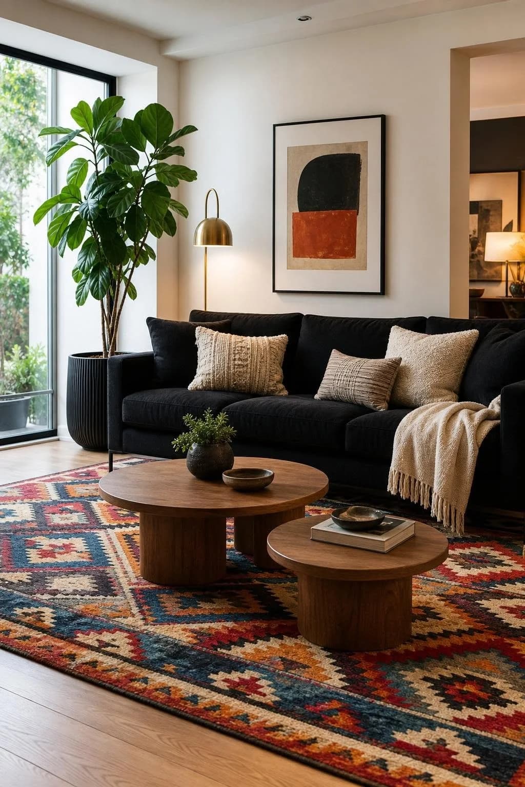 Black sofa with cream textured cushions and a cream throw on a kilim-style rug in red, navy, rust and cream, with two round wooden coffee tables, a fiddle-leaf fig and an abstract print