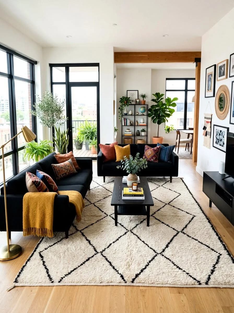 Bright loft living room with two black sofas, colorful cushions and a mustard throw on a cream rug with a black diamond pattern, with plants and black-framed windows