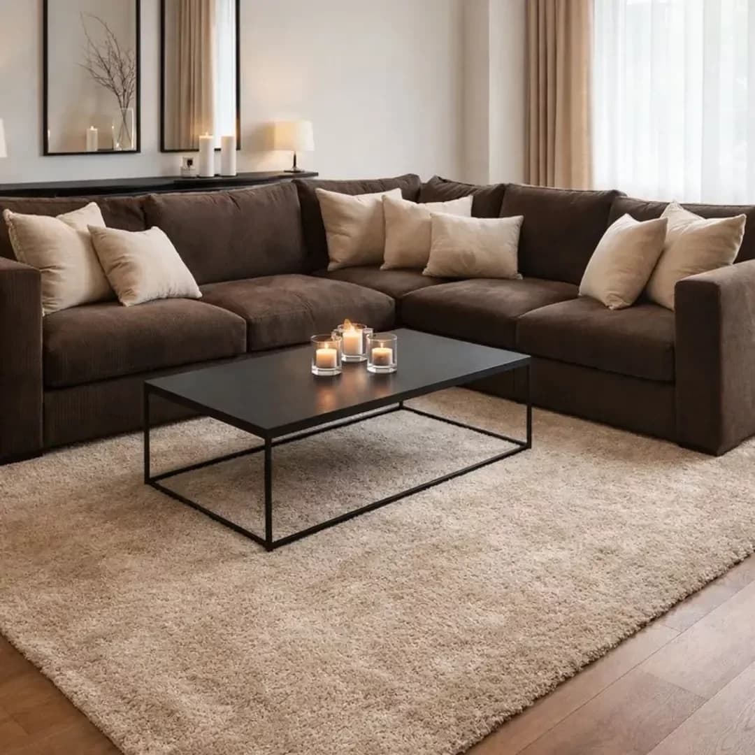 Chocolate brown sectional with cream cushions on a deep cream shag rug, a black metal coffee table with candles and a wood floor