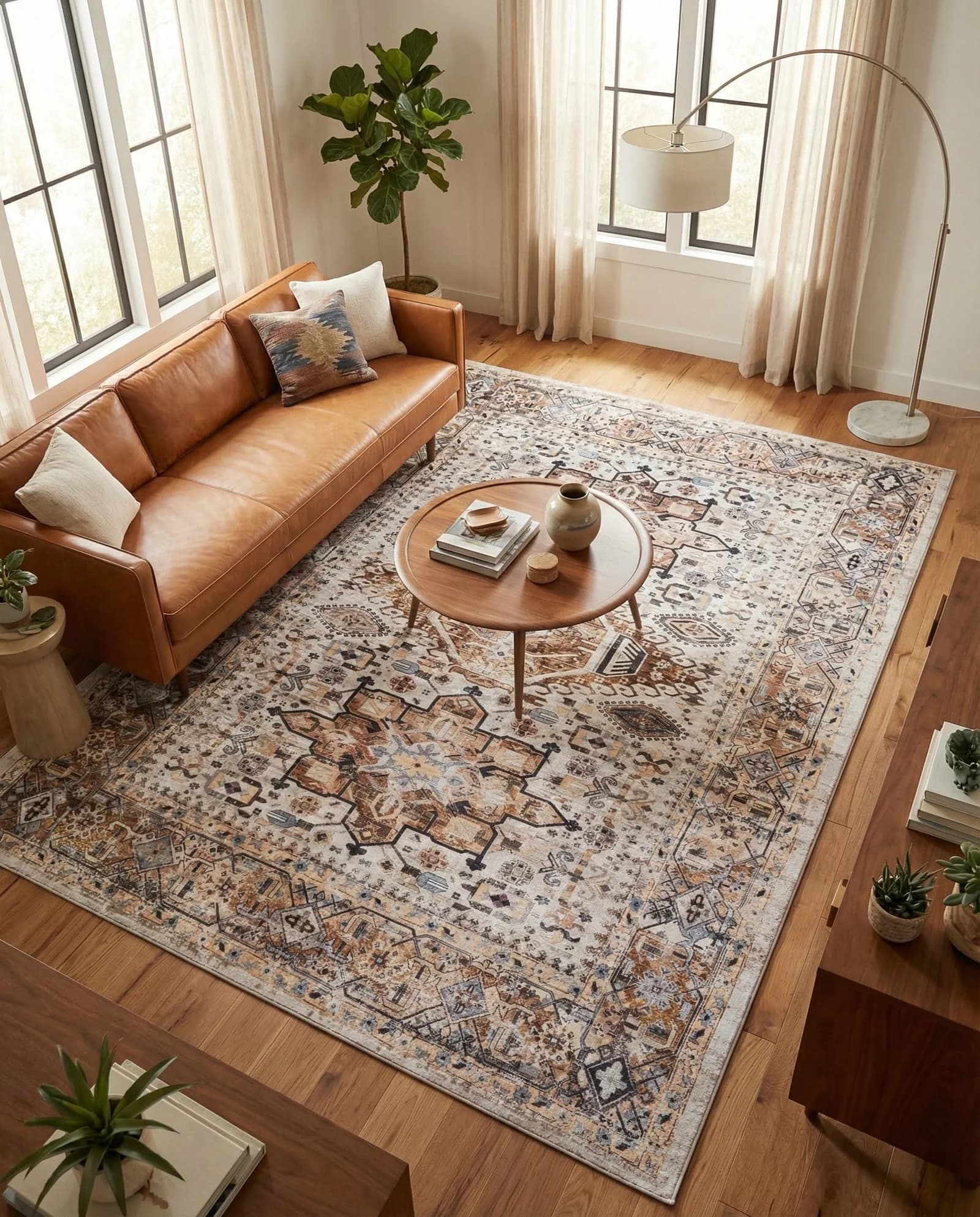Tan leather sofa seen from above on a large faded traditional rug in rust, cream and blue, with a round wooden coffee table and an arc lamp