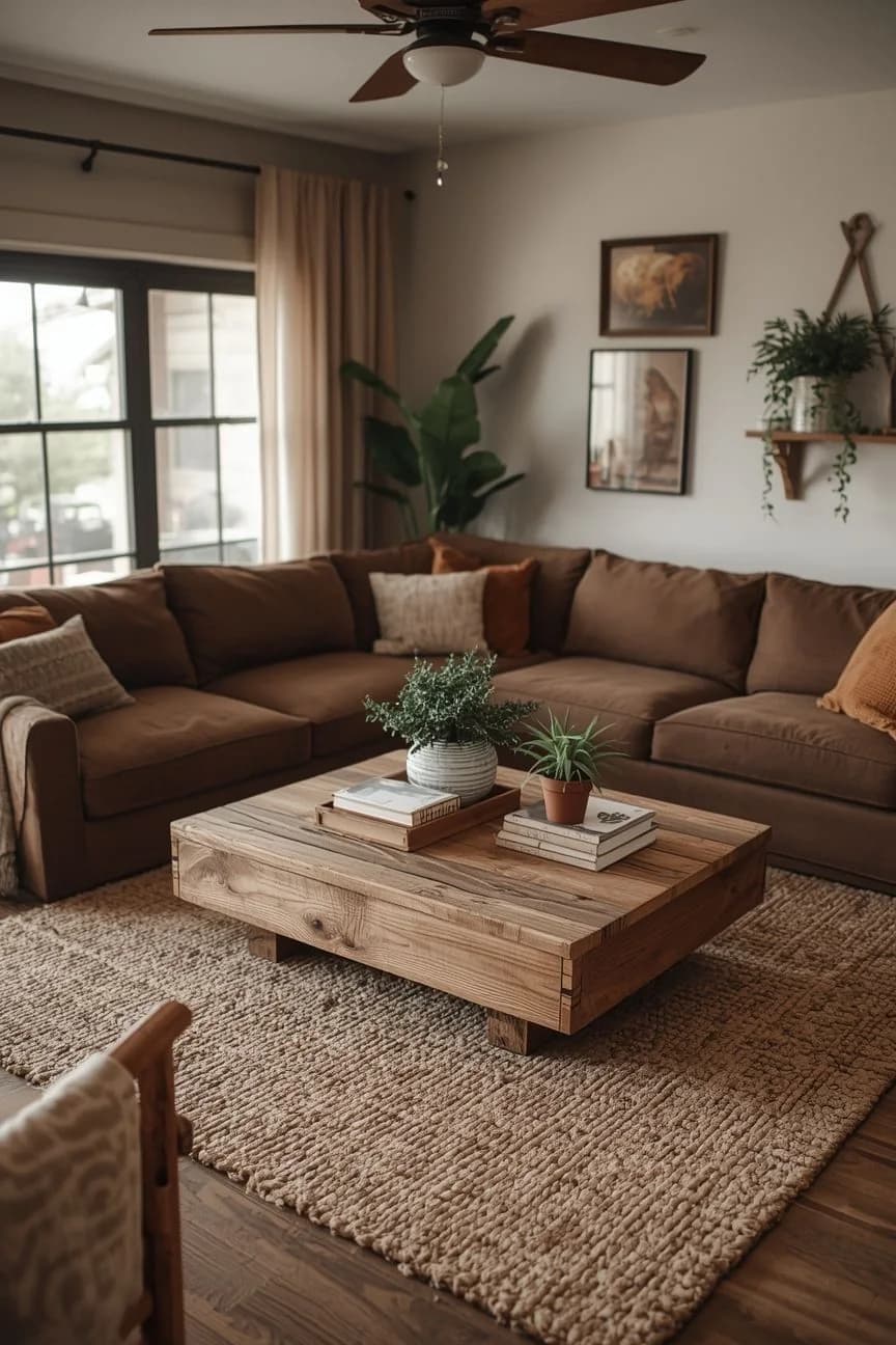 Brown fabric sectional on a chunky woven oatmeal rug with a rustic wooden coffee table, plants and a dark wood floor