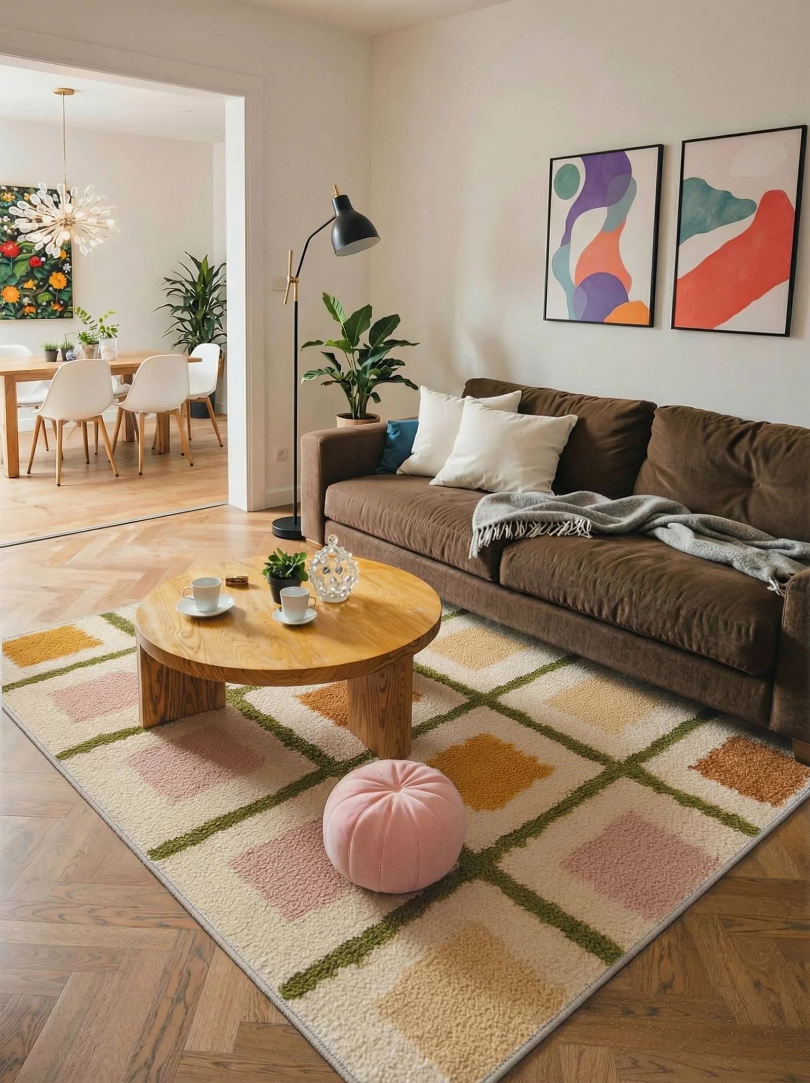 Brown fabric sofa on a cream rug with a pastel check in blush, ochre and green, a round wooden coffee table, a pink pouf and colorful abstract prints